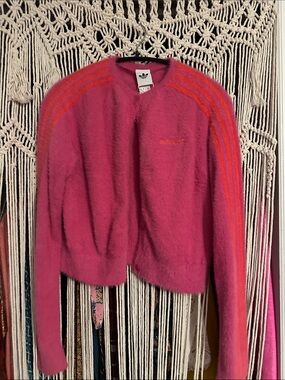 adidas Pink Teddy Jacket with Orange Stripe Accents